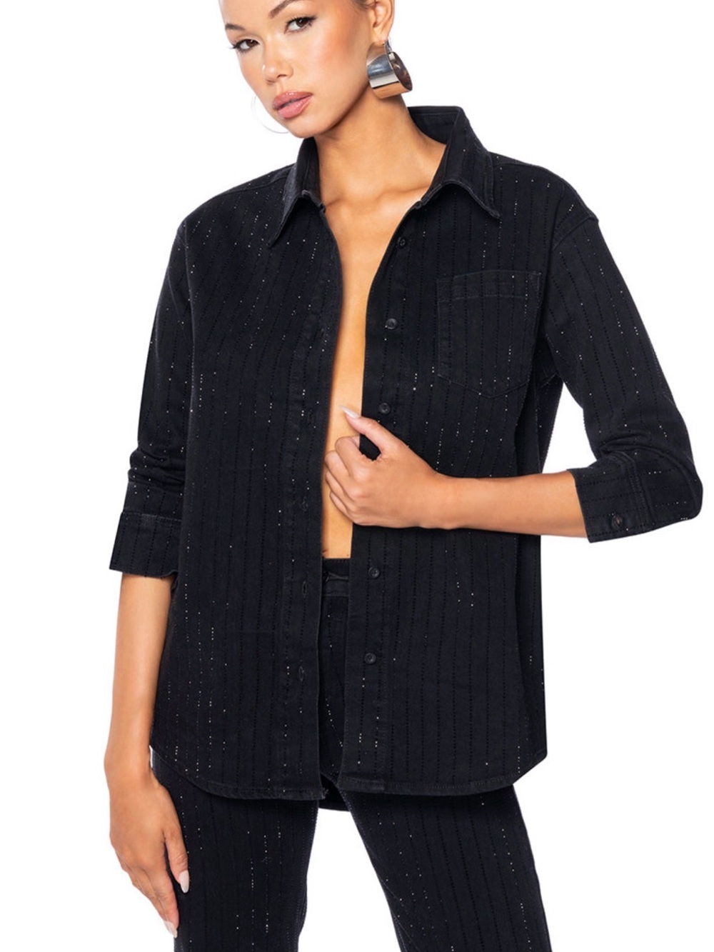 AKIRA Black Sparkle Button-Down Denim Shirt. Brand New with Tags